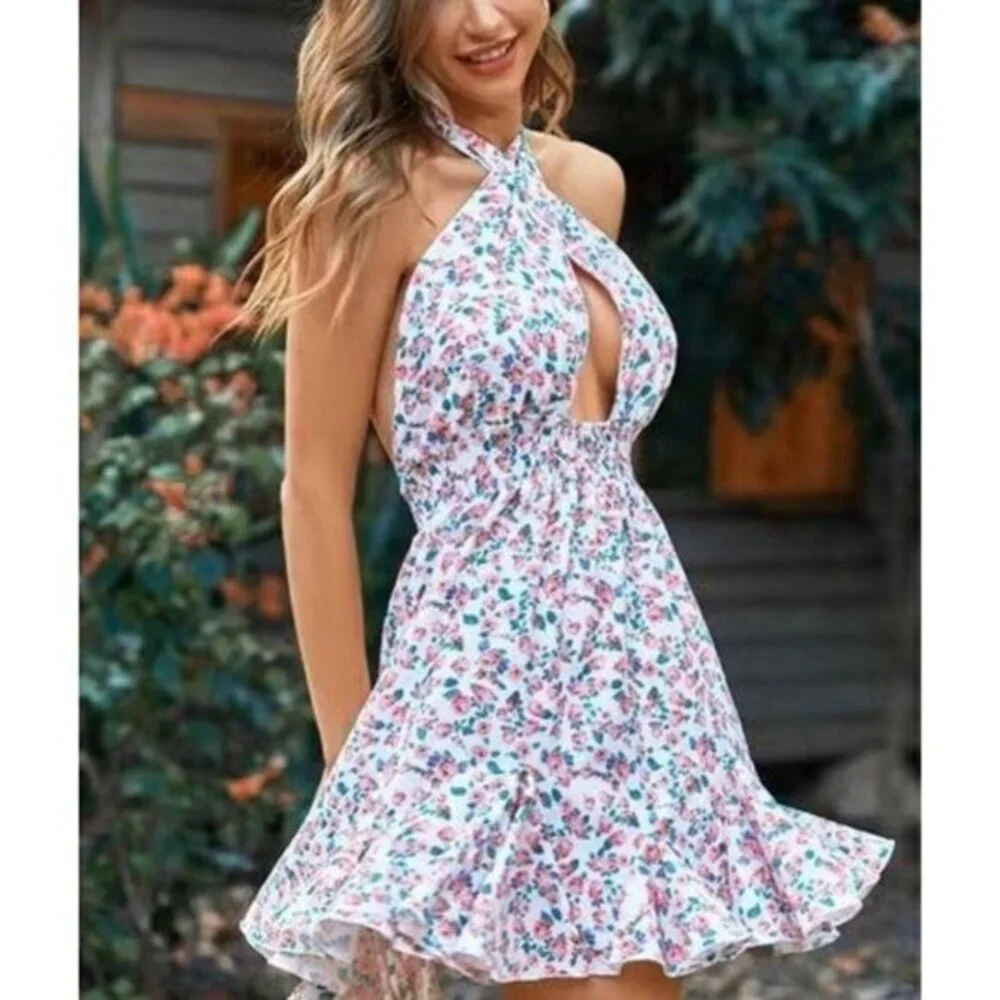 Cupshe Floral Cut Out Halter Skater Ditsy Print Backless Tie A-Shape dress Large